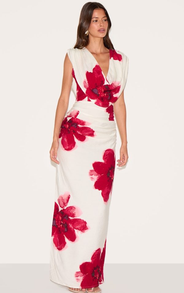Red Printed Cowl Ruched Detail Maxi Dress