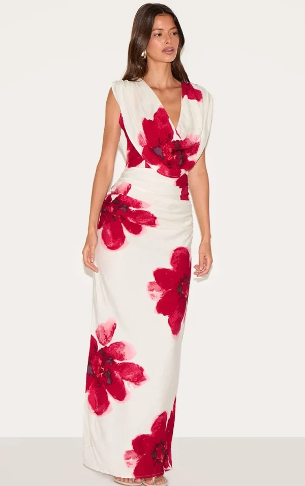 Red Printed Cowl Ruched Detail Maxi Dress