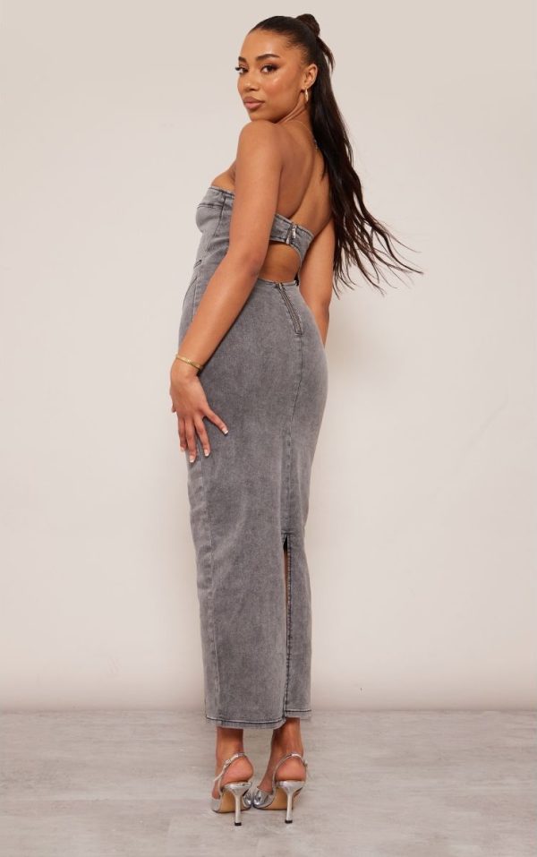Tall Black Bandeau Stretch Denim Midaxi Dress