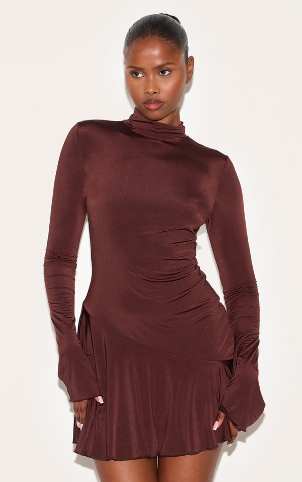 Chocolate Slinky Long Sleeve Asymmetric Hem Shift Dress