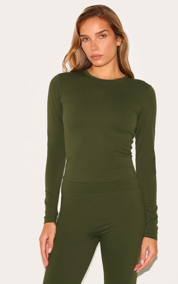 Khaki Ultimate Sculpt Long Sleeve Crop Gym Top