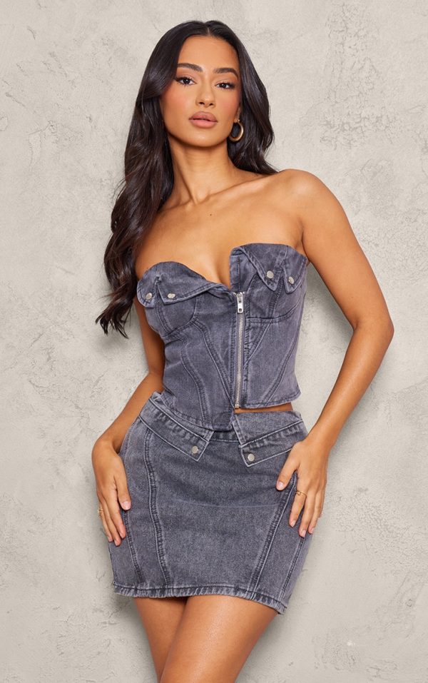 Petite Washed Grey Denim Fold Over Zip Up Corset