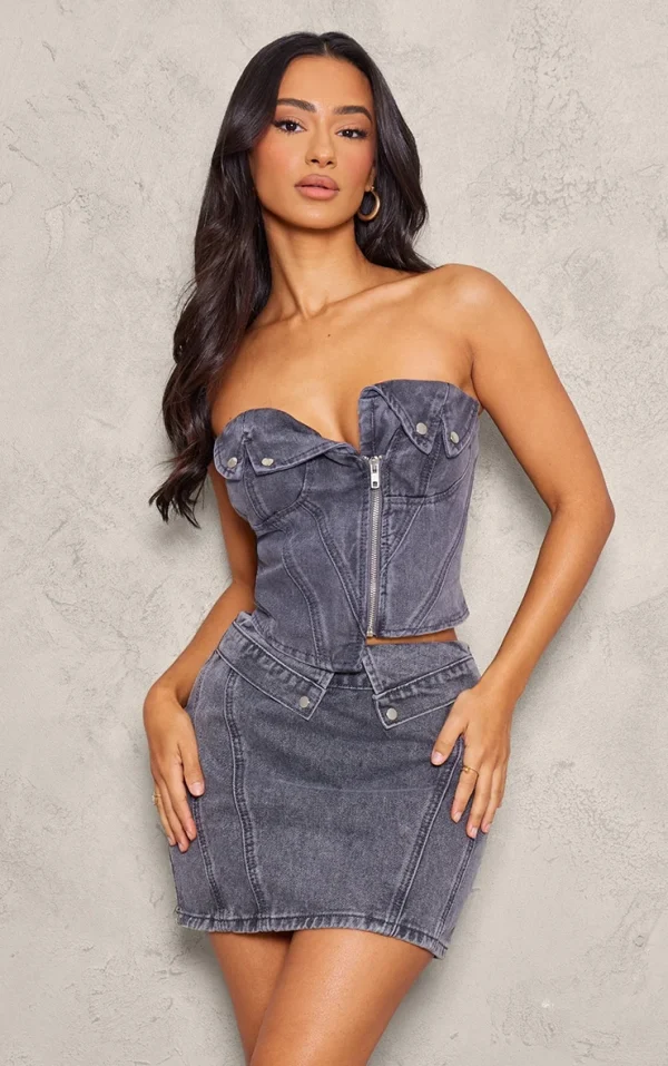 Petite Washed Grey Denim Fold Over Zip Up Corset