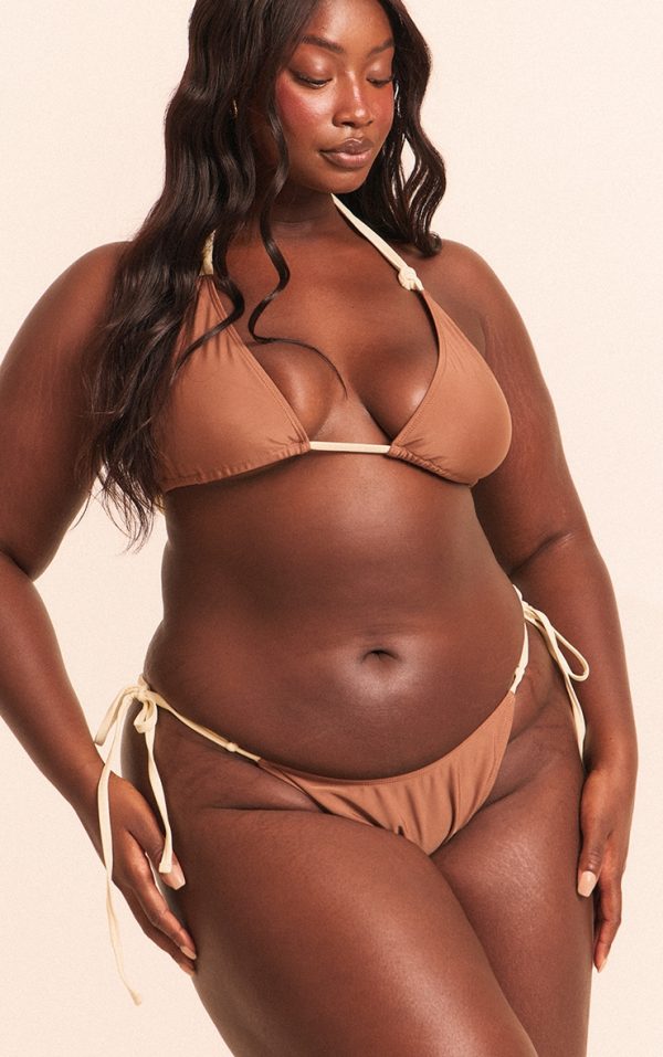 Plus Chocolate Contrast Binding Knot Tie Side Bikini Bottoms