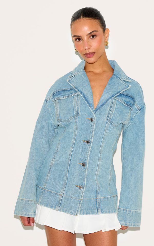 Petite Light Blue Denim Fitted Mini Dress With Pleat Details