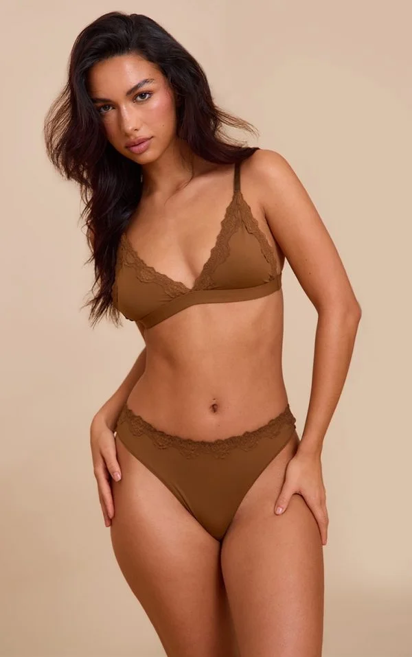 Taupe Jersey Lace Trim Triangle Lingerie Set