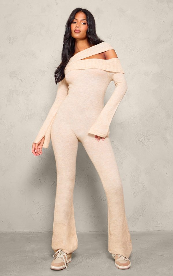 Tall Oatmeal Soft Knit Bardot Foldover Asymmetric Neck Jumpsuit