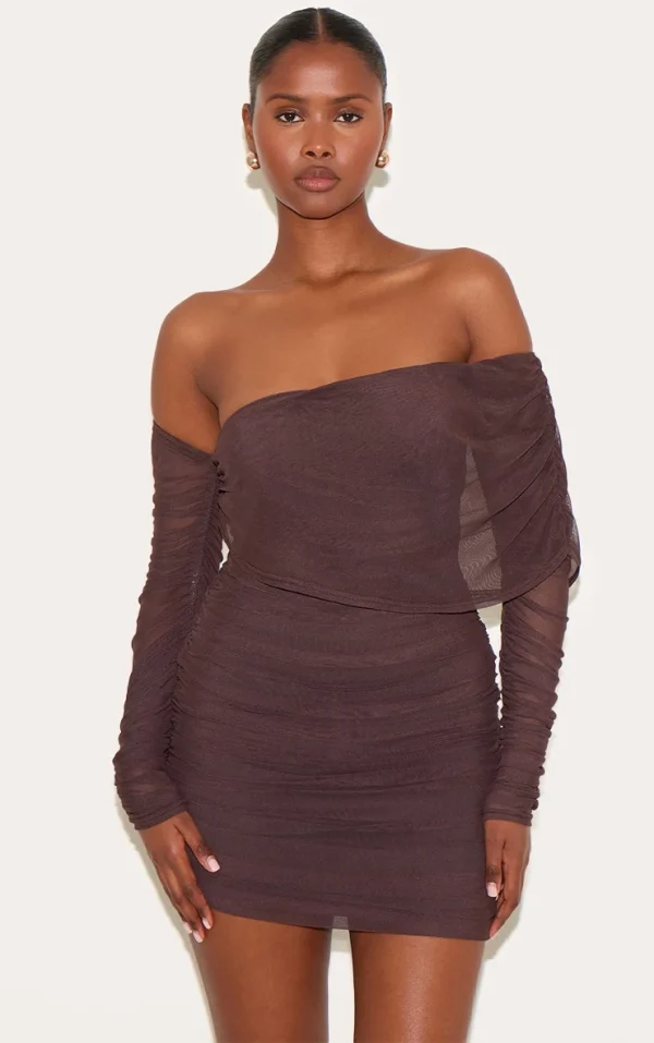 Chocolate Layered Mesh Asymmetric Long Sleeve Mini Dress