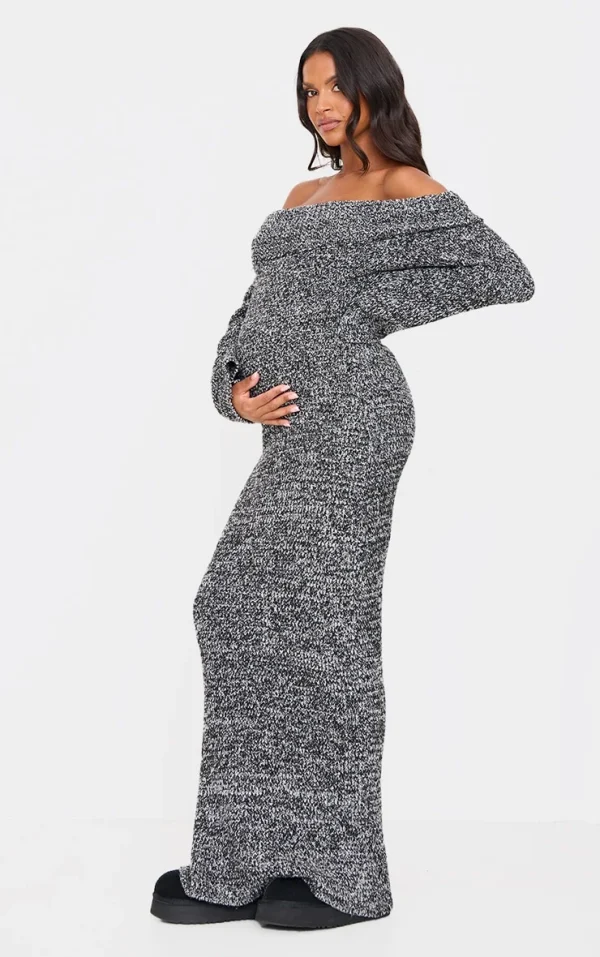 Maternity Grey Boucle Knit Long Sleeve Bardot Maxi Dress