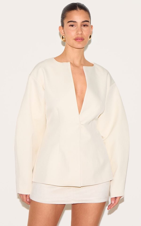 Cream Cocoon Sleeve Cinched Waist Blazer