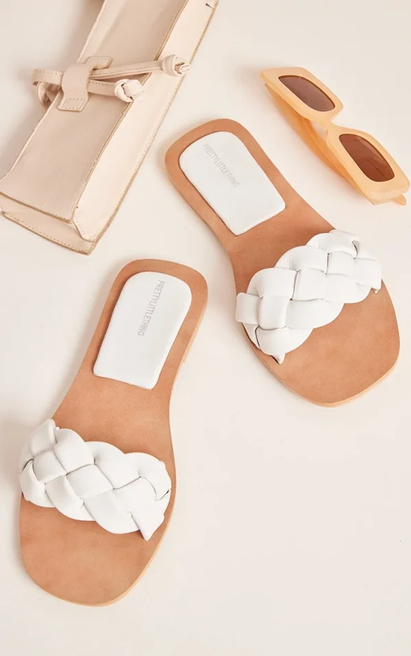 White Wide Fit Real Leather Extreme Padded Plaited Strap Flat Sandals