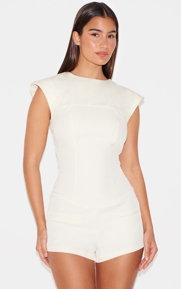 Cream Tailored Woven Boatneck Cap Sleeve Romper