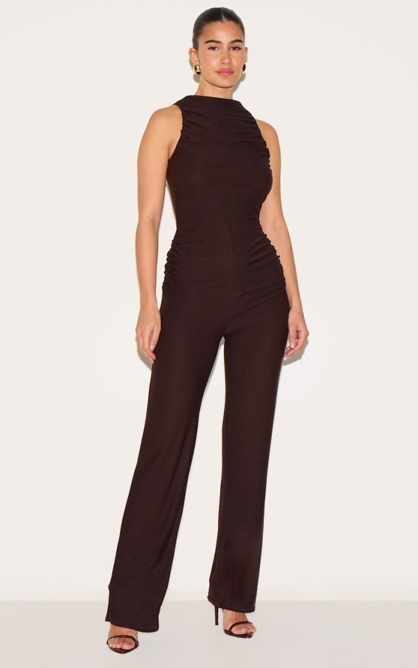 Chocolate Soft Touch Ruched Straight Leg Jumpsuit