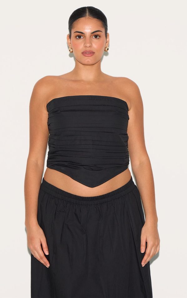 Plus Black Cotton Poplin Bandeau Ruched Front Top