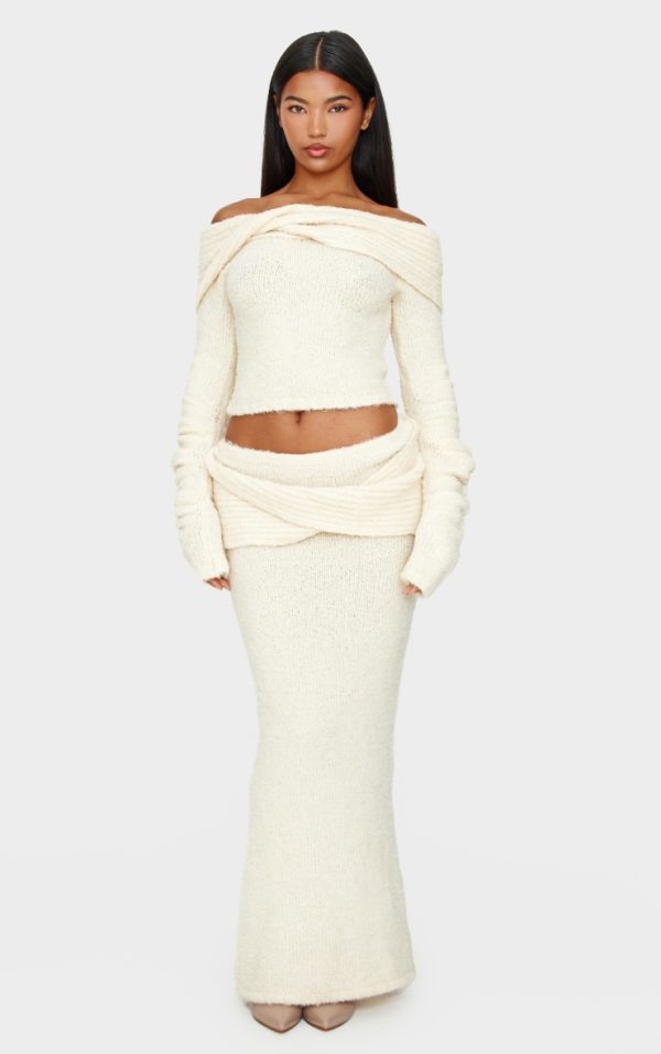 Cream Soft Bobble Knit Foldover Maxi Skirt
