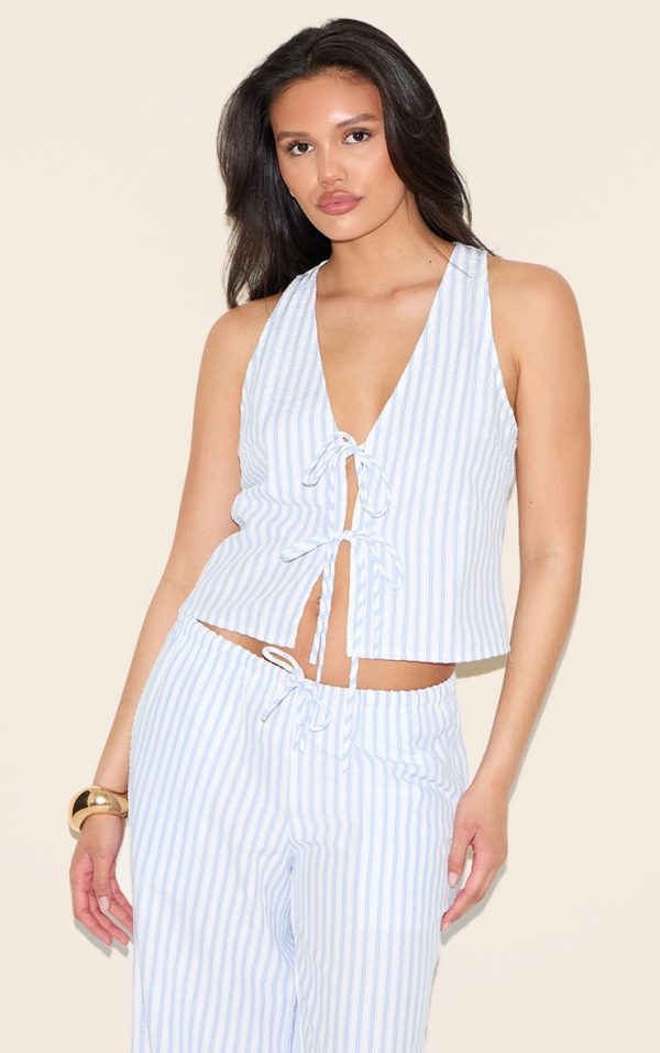 Blue Striped Sleeveless Tie Front Top