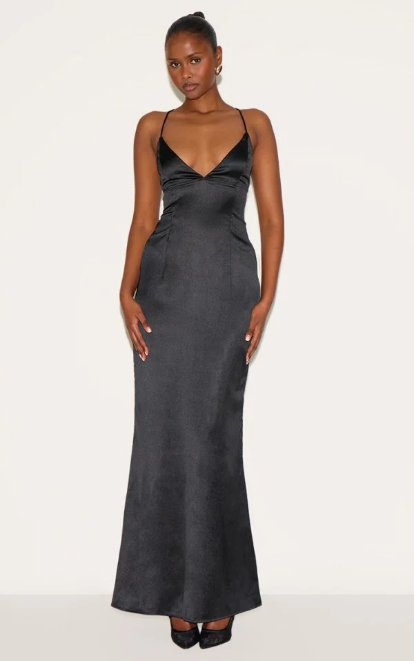 Black Satin Tie Back Maxi Dress
