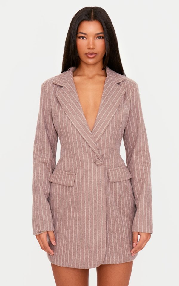 Mushroom Brushed Woven Pinstripe Cinched Waist Blazer Dress