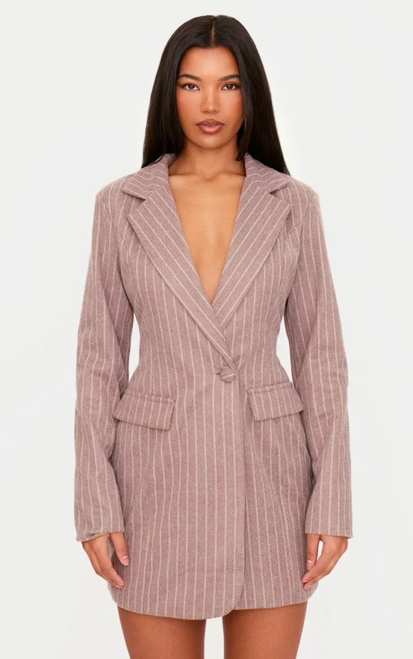Mushroom Brushed Woven Pinstripe Cinched Waist Blazer Dress