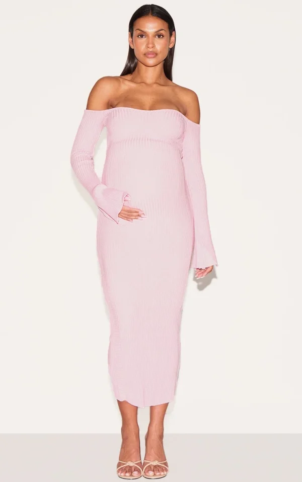 Maternity Baby Pink Off The Shoulder Contrast Knit Midaxi Dress