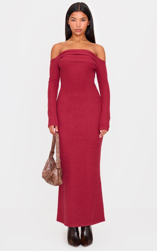 Burgundy Heavy Rib Bardot Long Sleeve Maxi Dress