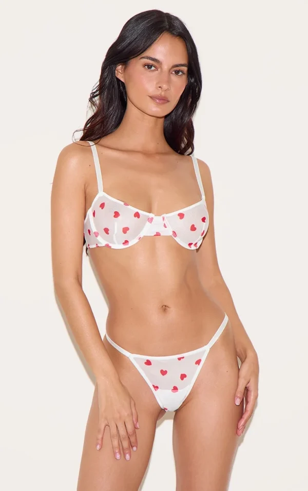 White Mesh Heart Underwired Bra