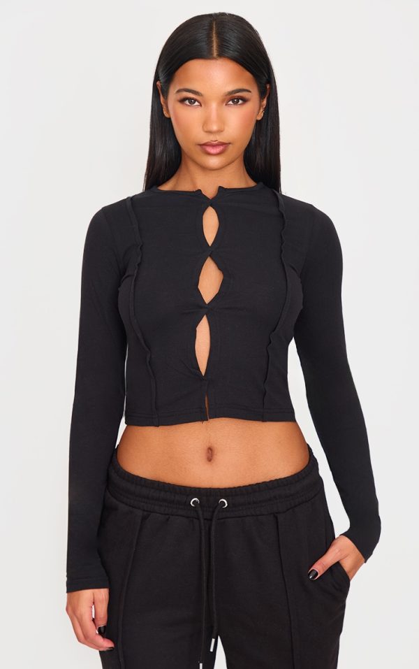 Black Cotton Cut Out Seam Detail Fitted Top
