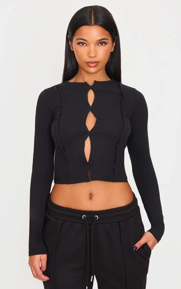 Black Cotton Cut Out Seam Detail Fitted Top