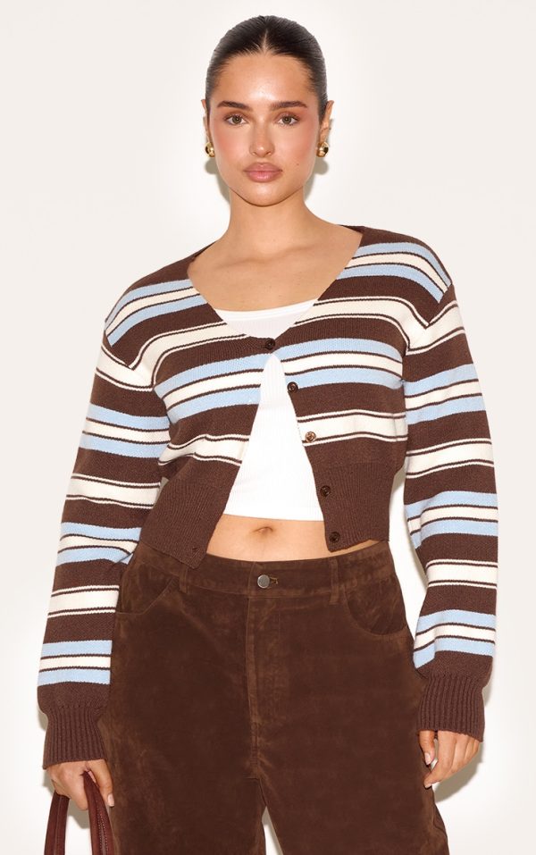 Shape Chocolate Knitted Stripped Button Front Cardigan