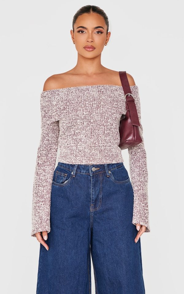 Burgundy Boucle Fold Over Bardot Long Sleeve Top