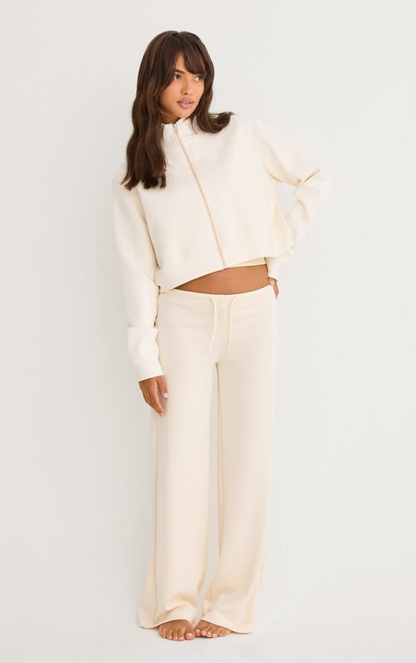 Cream Premium Soft Touch Low Rise Drawstring Waist Straight Leg Pants