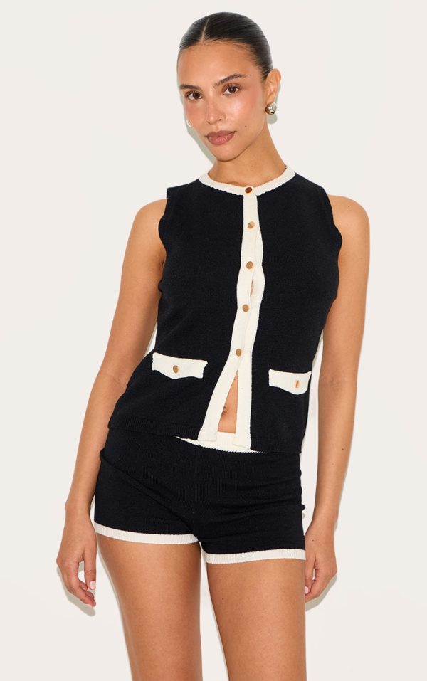Petite Black Knitted Contrast Detail Mini Shorts