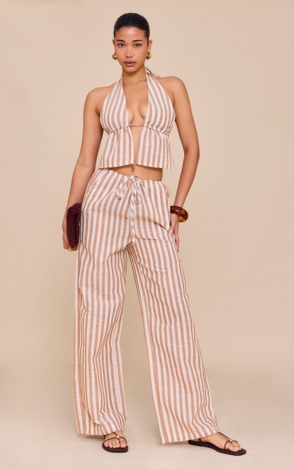 Stone Striped Cotton Low Rise Drawstring Wide Leg Pants