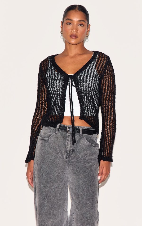 Black Ladder Knit Sheer Cropped Tie Front Top