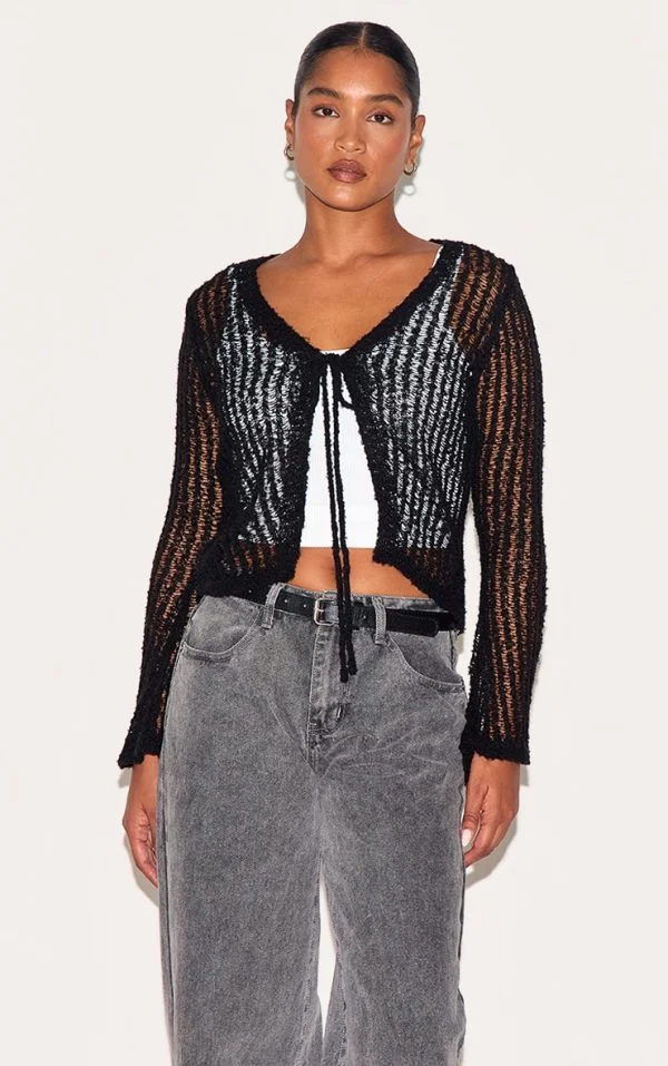 Black Ladder Knit Sheer Cropped Tie Front Top