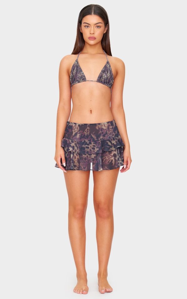 Brown Animal Print Chiffon Ruffle Mini Beach Skirt