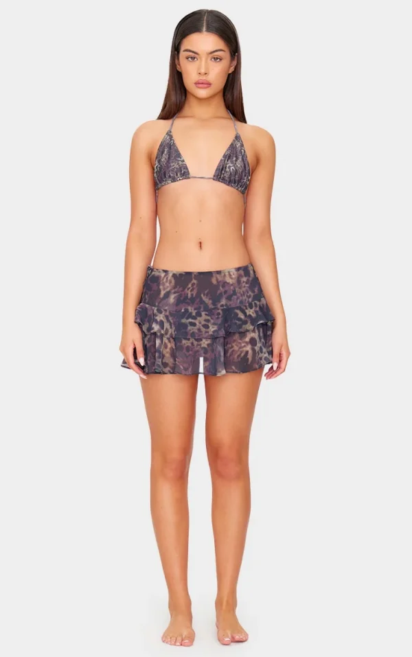 Brown Animal Print Chiffon Ruffle Mini Beach Skirt