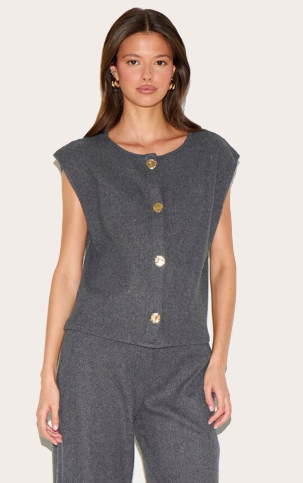 Dark Grey Brushed Rib Gold Hardware Detail Cami Top