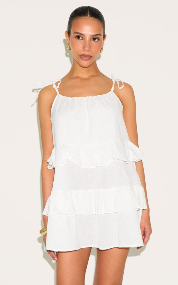 Petite White Woven Ruffle Tiered Mini Dress
