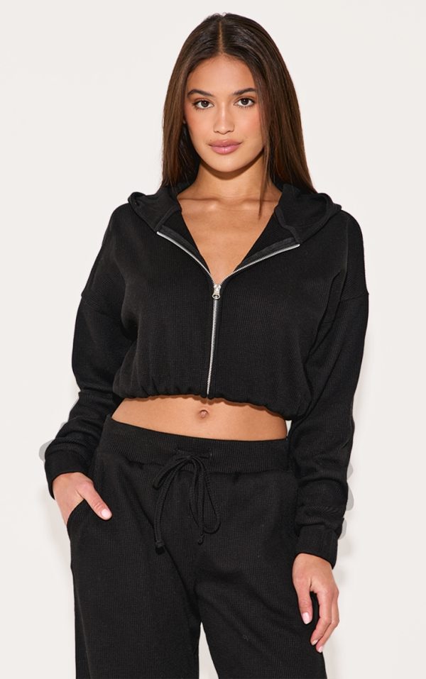Black Waffle Detail Hooded Cropped Jacket