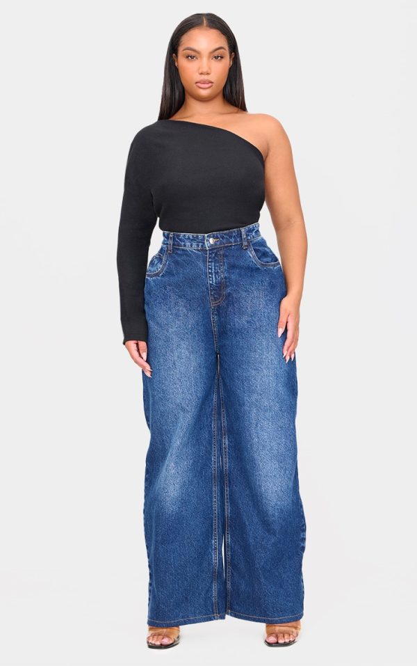 Plus Black Brushed Rib Asymmetric Shoulder Long Top