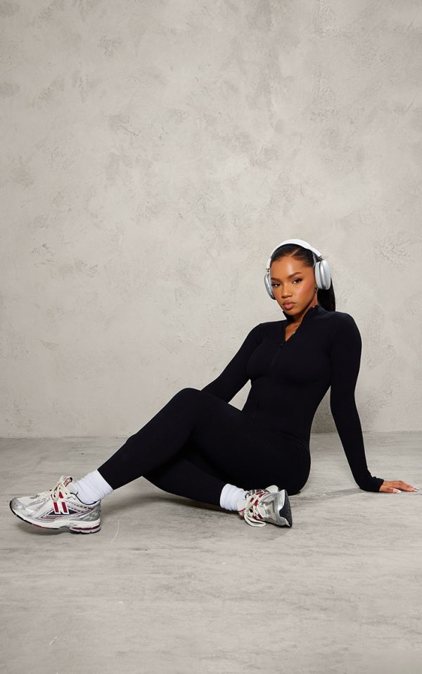 Black Structured Snatched Rib Zip Jumpsuit