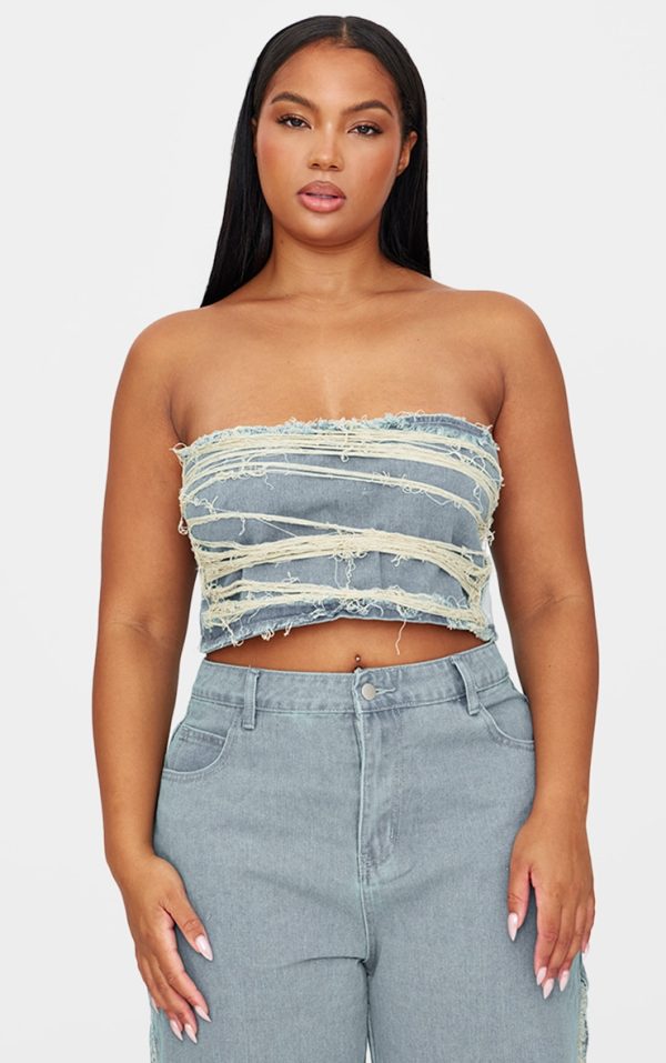 Plus Vintage Wash Extreme Fraying Detail Cropped Denim Corset Top
