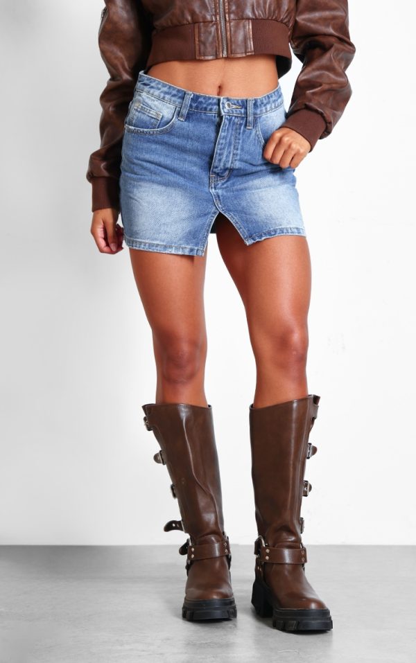 Mid Blue Wash Split Front Denim Mini Skirt