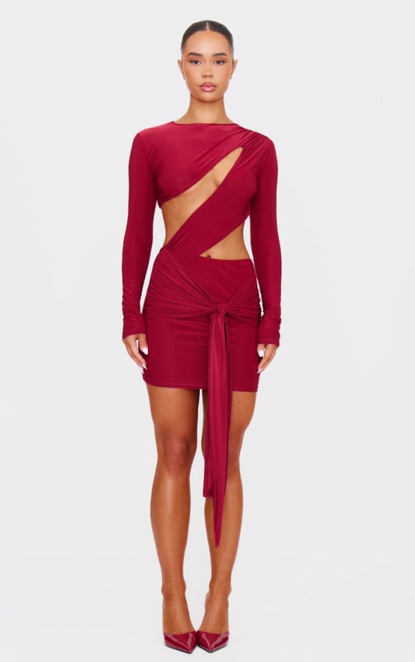 Cherry Red Cut Out Bust Panel Long Sleeve Drape Bodycon Dress