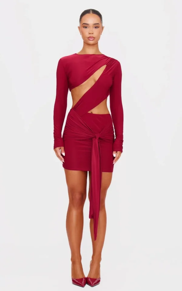 Cherry Red Cut Out Bust Panel Long Sleeve Drape Bodycon Dress