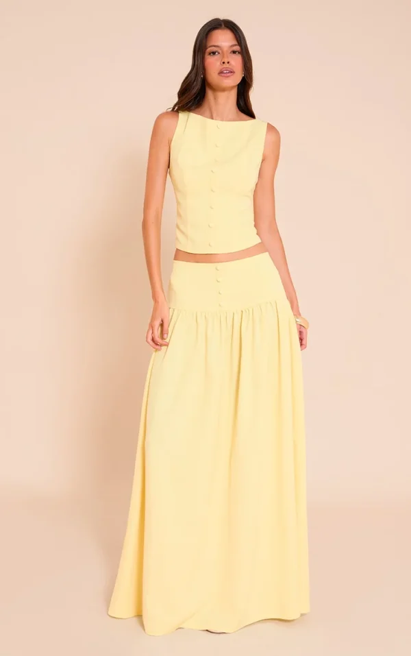 Lemon Woven Pleated Midaxi Skirt
