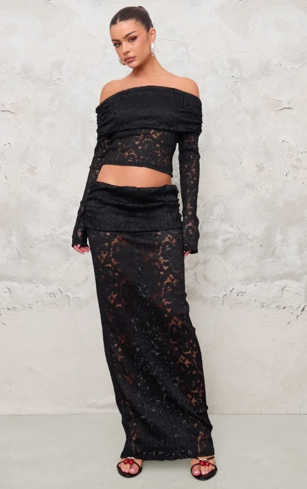 Black Pleated Lace Foldover Maxi Skirt