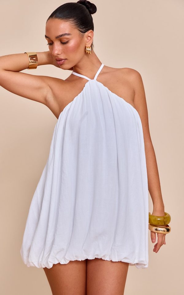 White Textured Halterneck linen look Puffball Dress