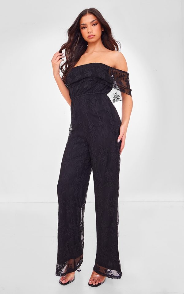 Black Shimmer Floral Lace Bardot Jumpsuit